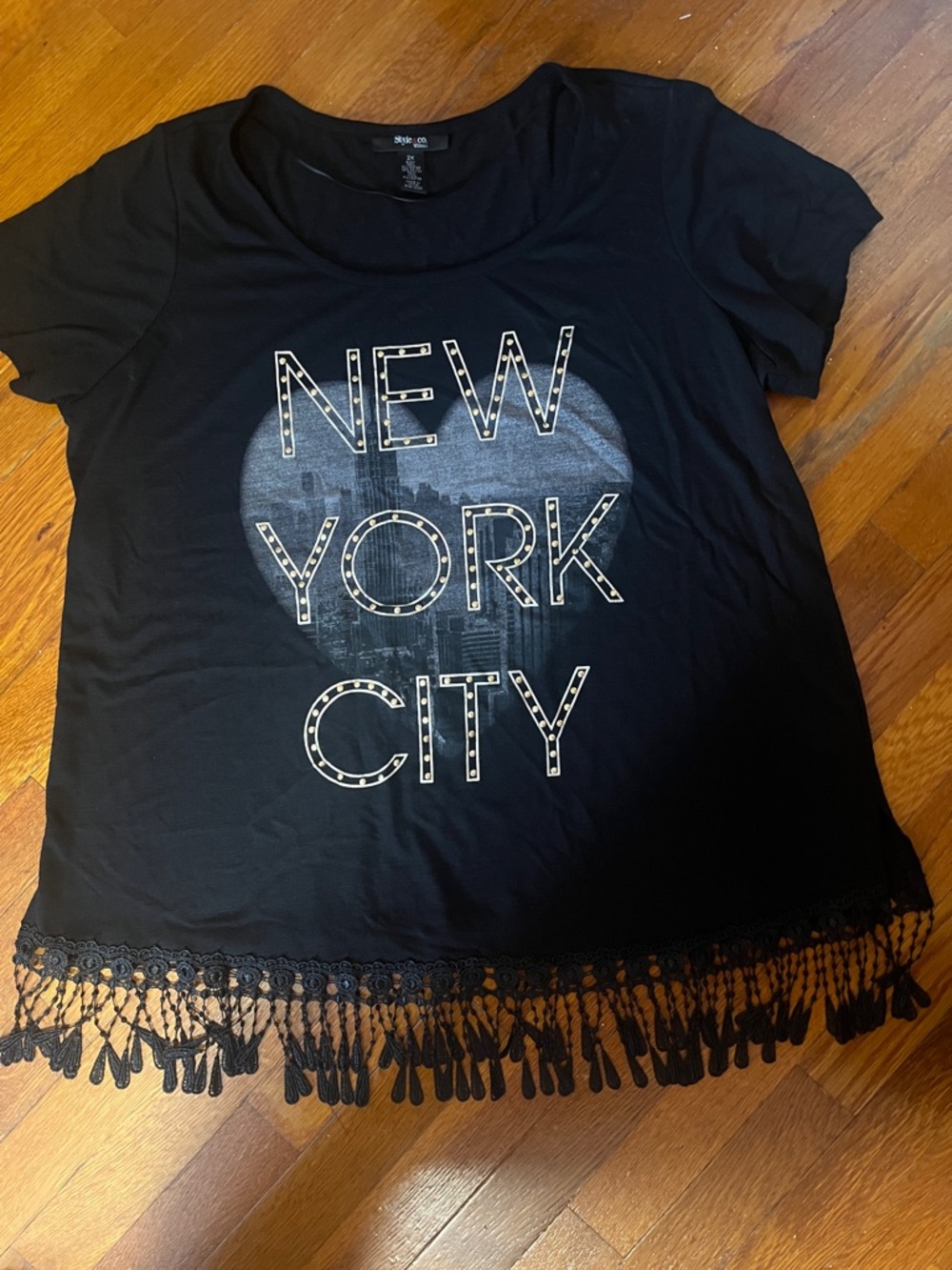 Style & Co. Black 'New York City' Stud-Accent Fringe Tee